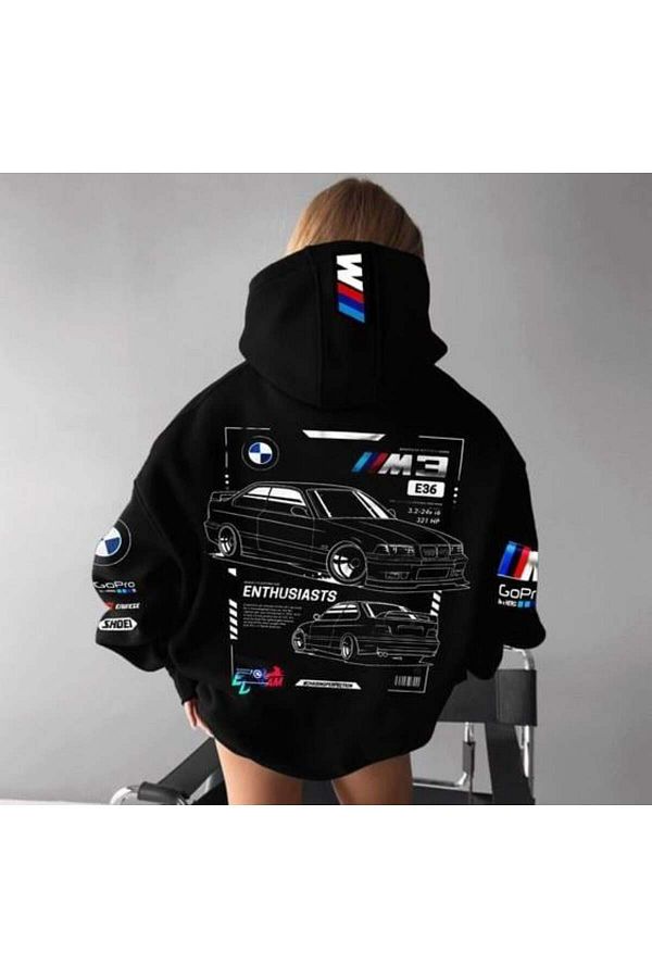 Touz Moda Bmw M3 Printed Hooded Black Sweatshirt Trendyol