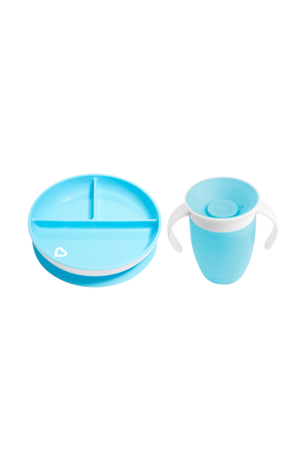 Munchkin Sabit Vakumlu Beslenme Tabağı & Mucize 360 Alıştırma Bardağı 6AY+ MAVİ&MAVİ 2li paket