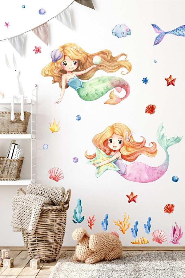 Sticker Sepetim Deniz Kızı, Deniz Bitkileri, Deniz Yıldızı, Deniz Kabukları Suluboya Çocuk Odası Duvar Sticker