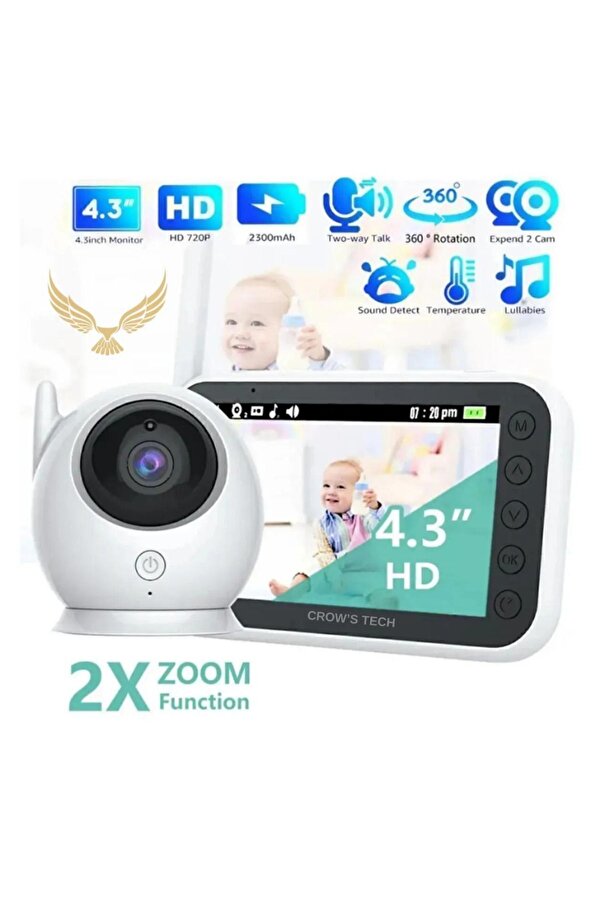 CROW'S TECH CT-LCD Ekranlı Gece Görüşlü Bebek Monitörü - Bebek Izleme Kamerası Oda Sıcaklığı Kontrollü Kablosuz