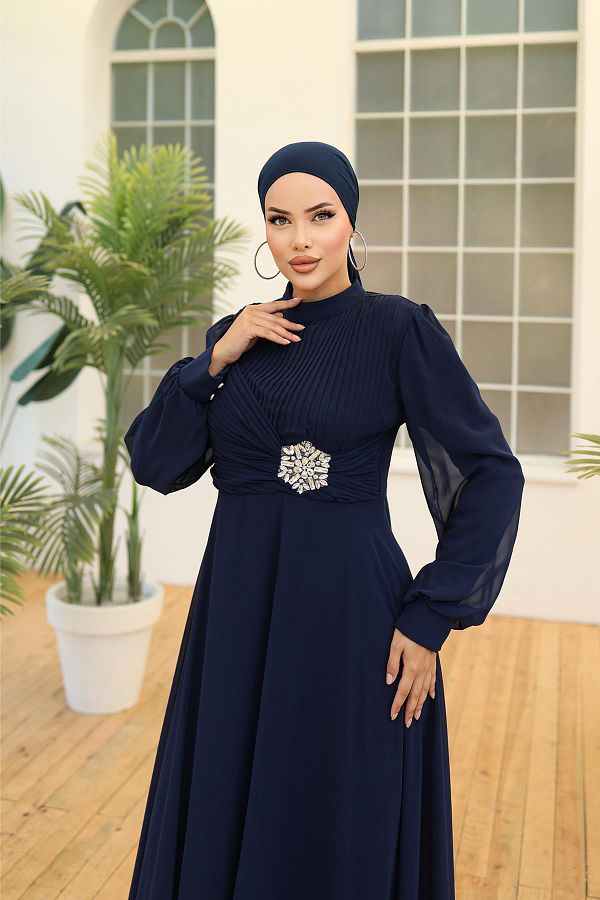 hakimoda Navy Blue Plus Size Hijab Mystery Chiffon Evening Dress Trendyol