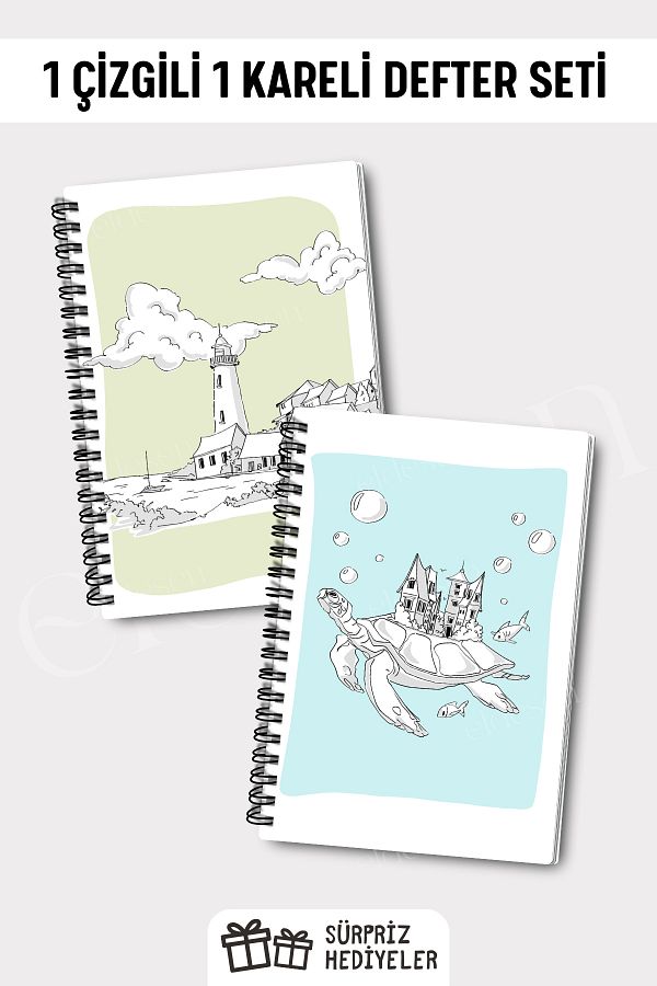Eldesen Tasarım-A5 Size 50 Sheets 100 Pages - Checked and Lined 2-Piece Notebook Set 1