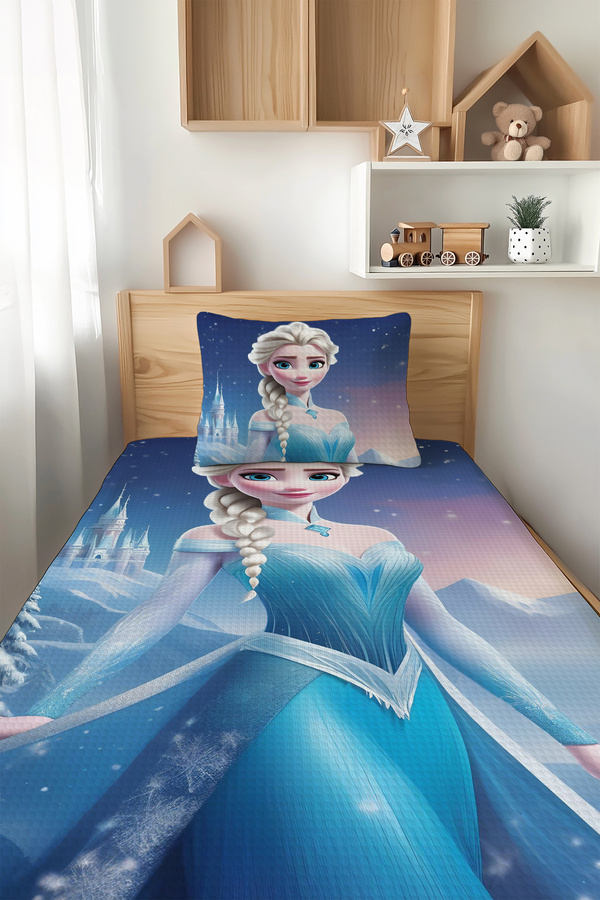 Talia Home Karlar Ülkesi Mavi Elsa Desenli Tek Kişilik Çocuk Pike Takımı TLAP-064