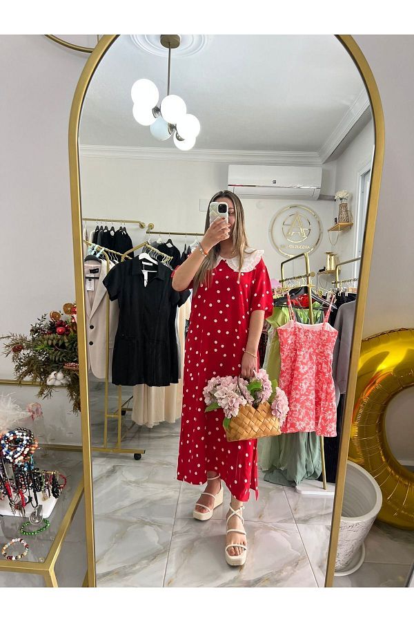 ARSOUS ATELIER Vintage Collar Red Polka Dot Dress Trendyol