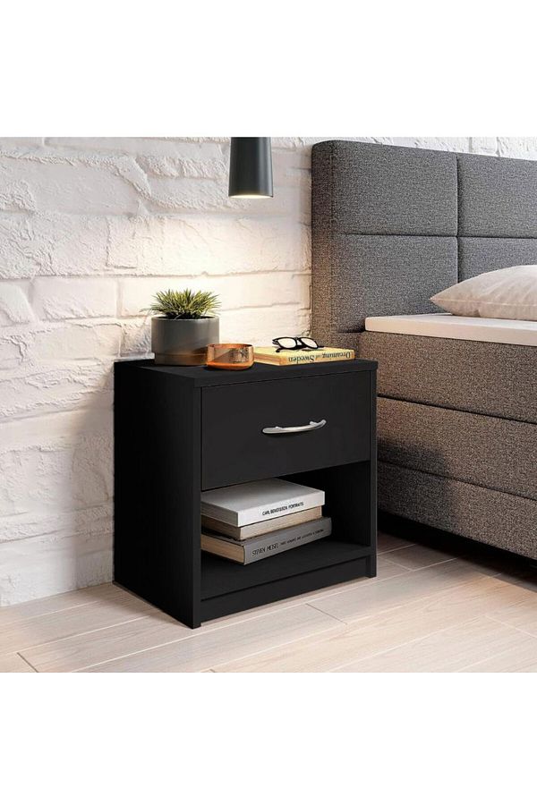 Modern home-Modern Black Nightstand with Drawer and Shelf Storage - Stylish and Compact Side Table 1