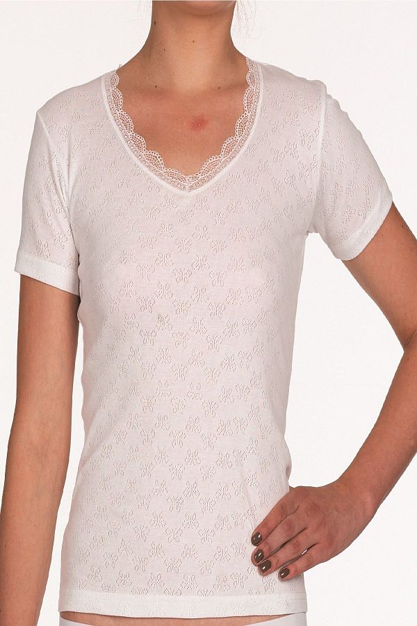 FSM1453-Women's Cotton Ribbed Round Neck Short Sleeve Undershirt Lace Undershirt 1