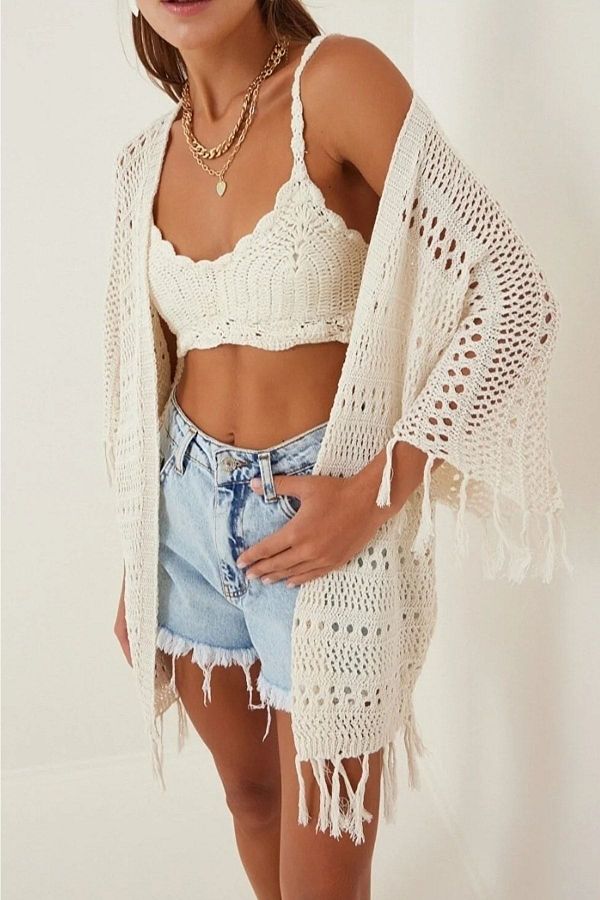 gozdefashion Ecru Women s Long Tassel Cardigan Trendyol