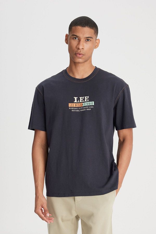 Lee Anthracite Color 100 Cotton Crew Neck RegularFit T shirt Trendyol