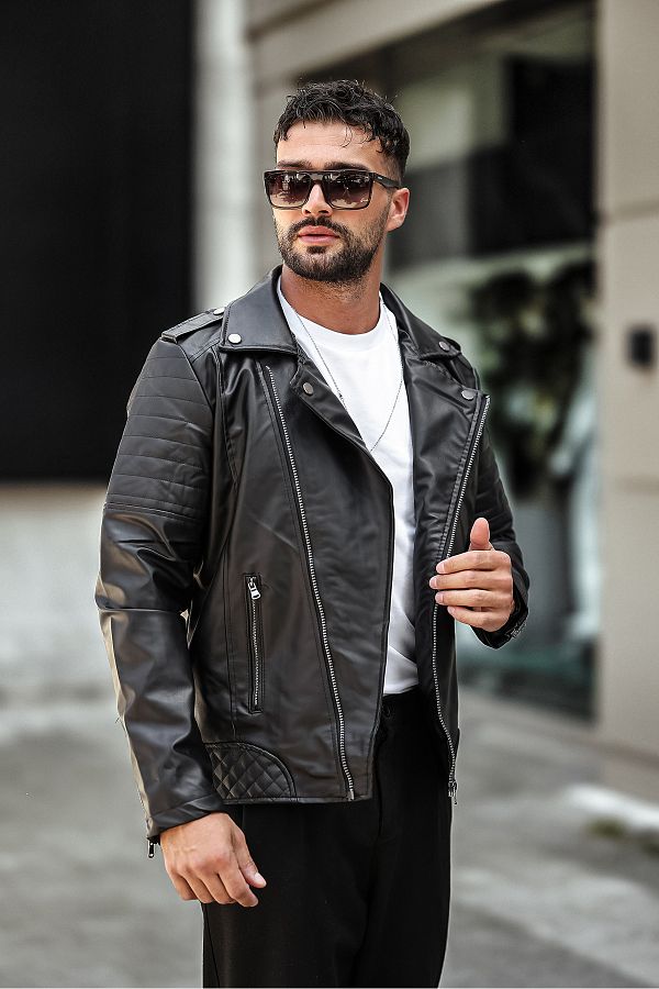 gm giyimarket Men s Black Leather Jacket Cross Zipper Trendyol