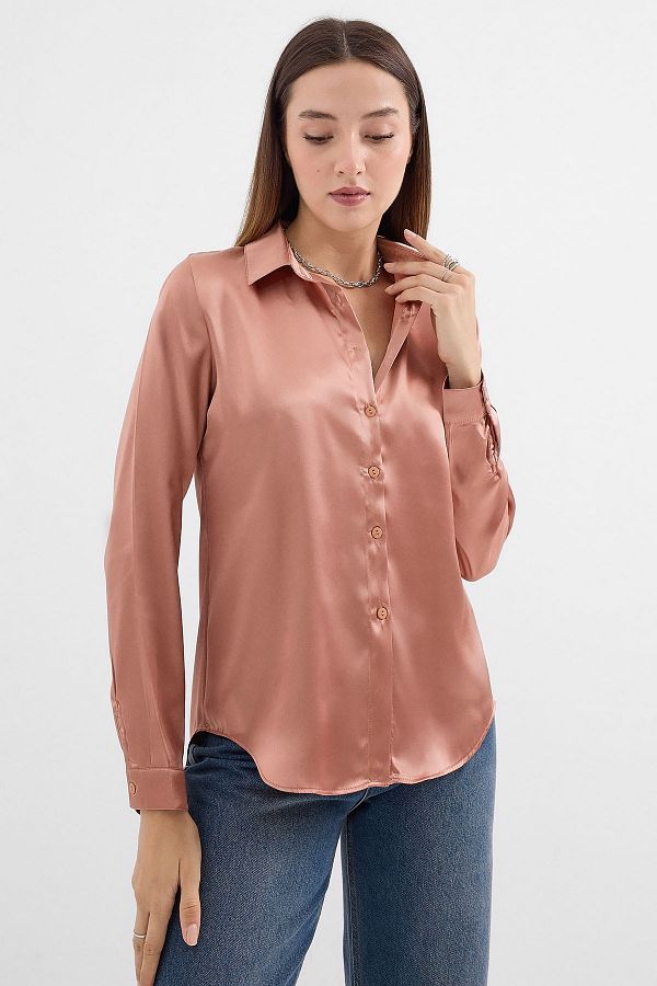 Bigdart-3964 Lightly Flowing Satin Shirt - Camel 1
