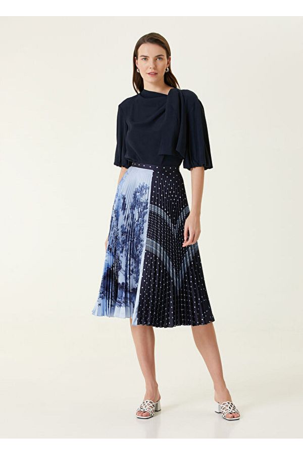 Erdem Size 8 Blue Patterned Pleated Midi Skirt Trendyol