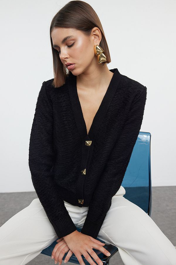 Trendyol Collection-Tricotaj Cardigan cu trandafiri negri - Detaliu nasturi, TWOAW25HI00249 1