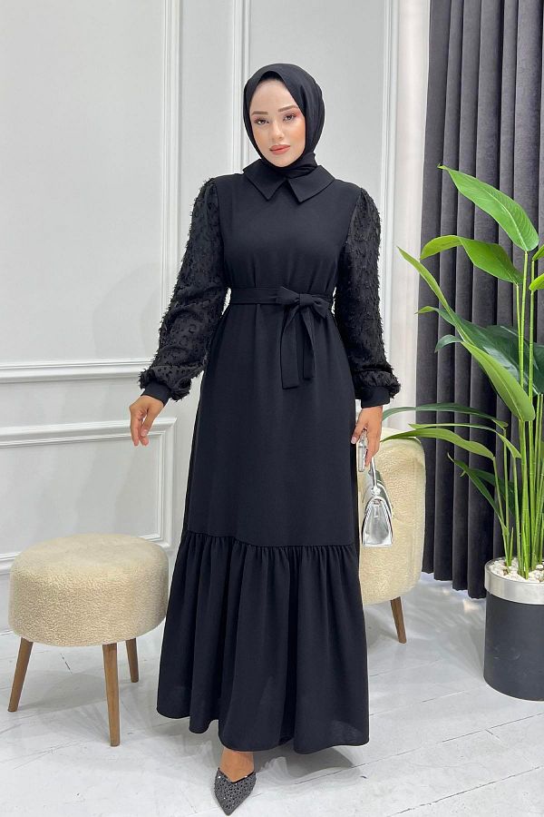 Modaensarbutik Black Hijab Dress with Ruffled Sleeves and Skirt Detail Trendyol