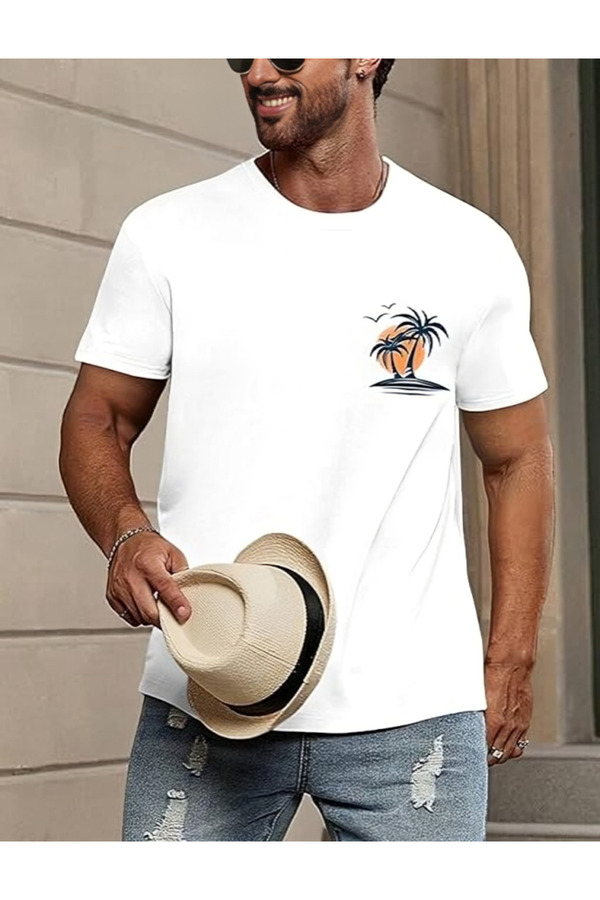 Pink Sky Hawaii Tropical Printed Men's Short Sleeve T-Shirts- Trendyol