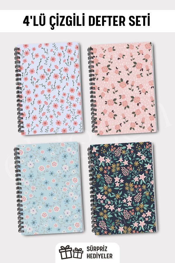 Eldesen Tasarım-A5 Size Set of 4 - Spiraled Lined School Notebook, 50 Sheets and 100 Sheets 1