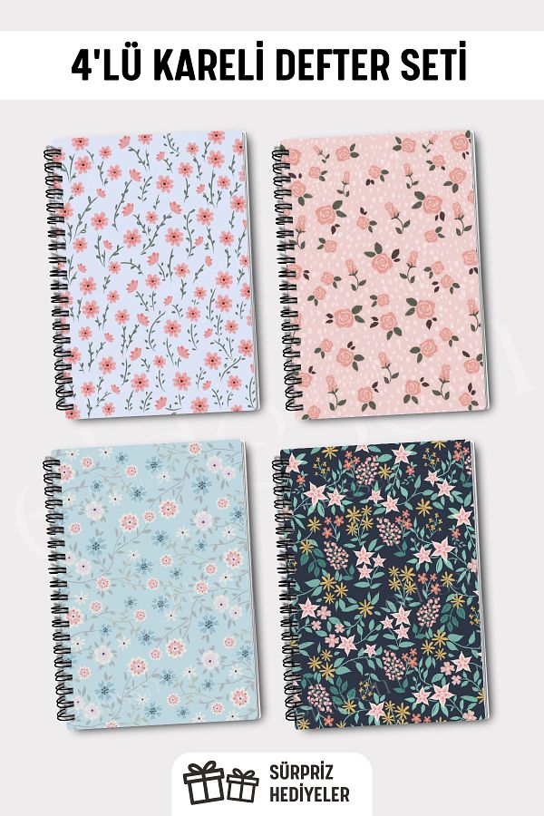 Eldesen Tasarım-A5 Size 50 Sheets 100 Sheets - Spiral and Checked School Notebook Set Set of 4 1