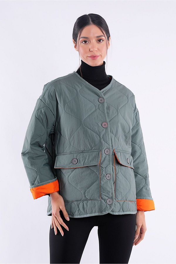 Green jacket orange lining top