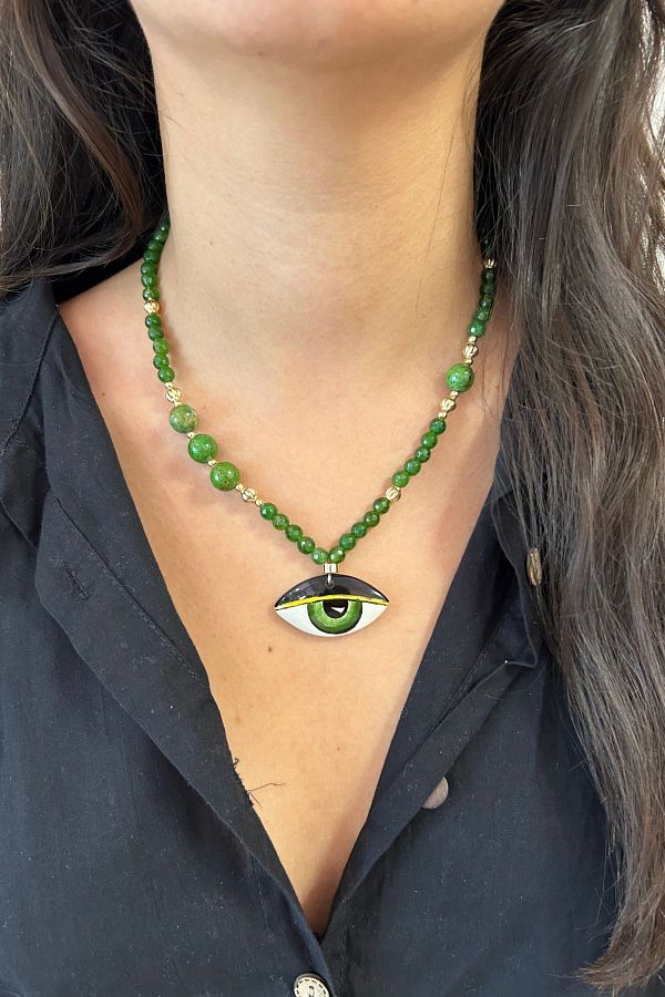 Suerte Accessories Jade and Peridot Natural Stone Evil Eye Evil Eye Necklace for Women Special Design Handmade Trendyol