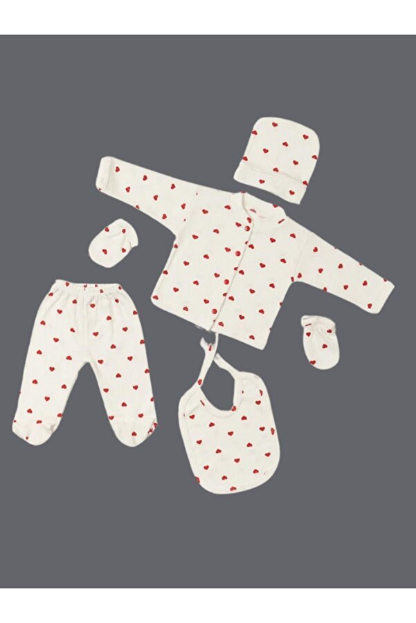 webombinoo 5 Parça Kutulu Yeni Doğan Hastane Çıkışı Zıbın Set Fitilli Kumaş A Ekru Kırmızı Kalp