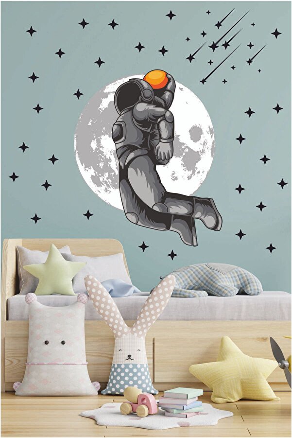 efekt reklam Uzayda Basketbol Oynayan Astronot Ve Yıldızlar Çocuk Bebek Odası Duvar Kağıdı Aksesuarları Stickerı