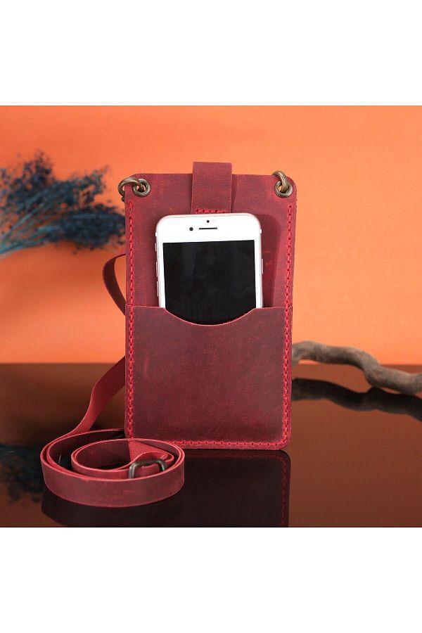 belugan Red Genuine Leather Walking Bag with Shoulder Strap Phone Card Compartment Trendyol