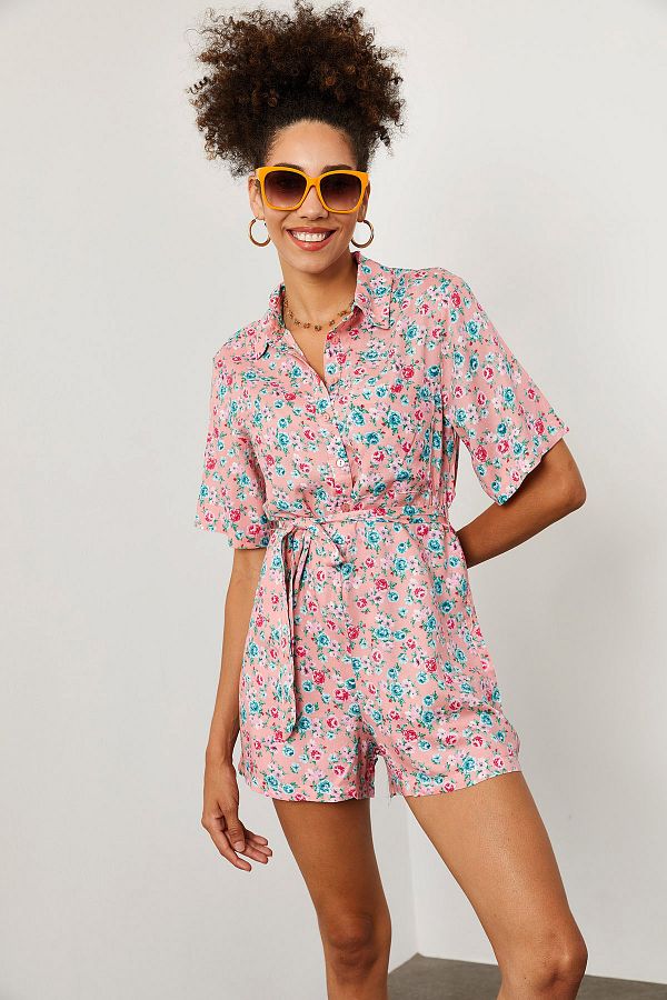 XHAN-Women's Pink Floral Patterned Jumpsuit 1YZK2-11973-20 1