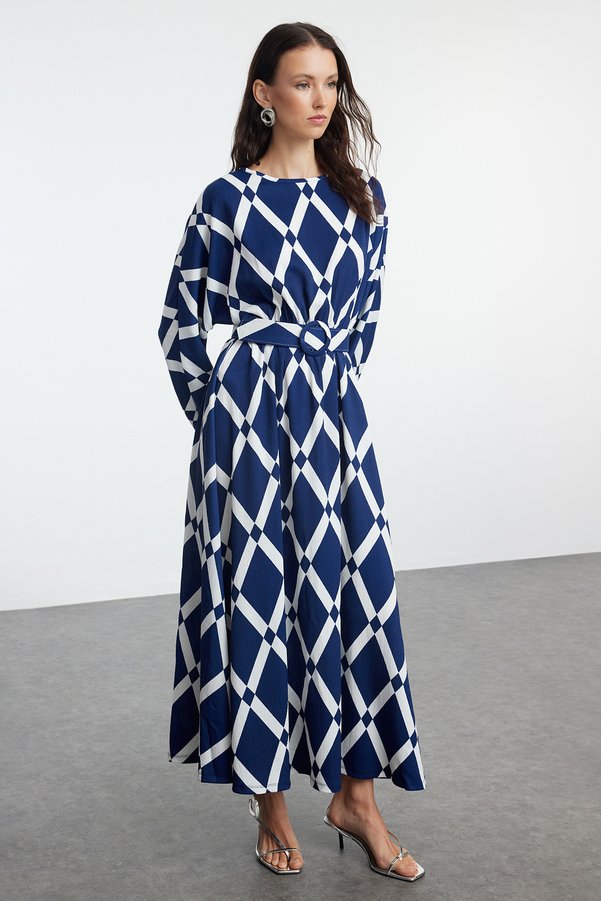 Trendyol Modest Navy Blue Patterned Belt Detail Crinkle Woven Dress TCTSS24EB00233