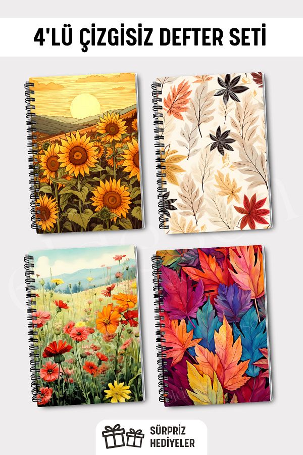 Eldesen Tasarım-A5 Size Set of 4 - Spiraled Unlined School Notebook, 50 Sheets 100 Sheets 1