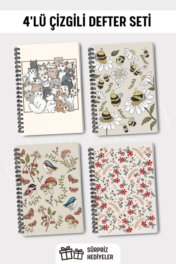 Eldesen Tasarım-A5 Size Set of 4 - Spiraled Lined School Notebook, 50 Sheets 100 Sheets 1