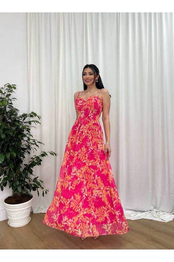 M SSC XFASH ON Maxi Patterned Strappy Evening Dress Flared Skirt Graduation Dress Trendyol