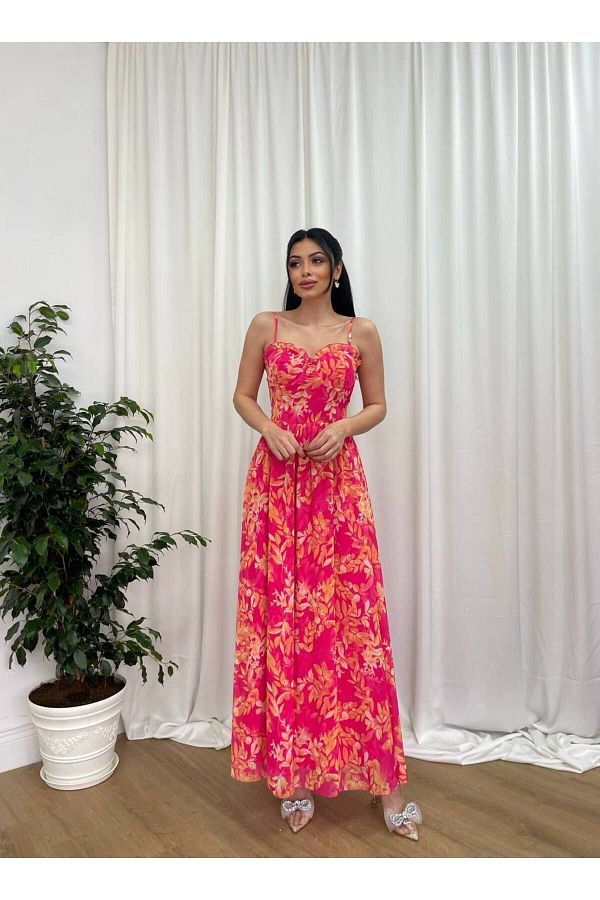 M SSC XFASH ON Maxi Patterned Strappy Evening Dress Flared Skirt Graduation Dress Trendyol
