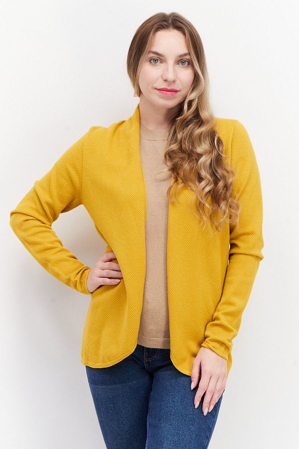 ZERO Women Split Neck Long Sleeve Textured Open Front Cardigan Yellow Trendyol