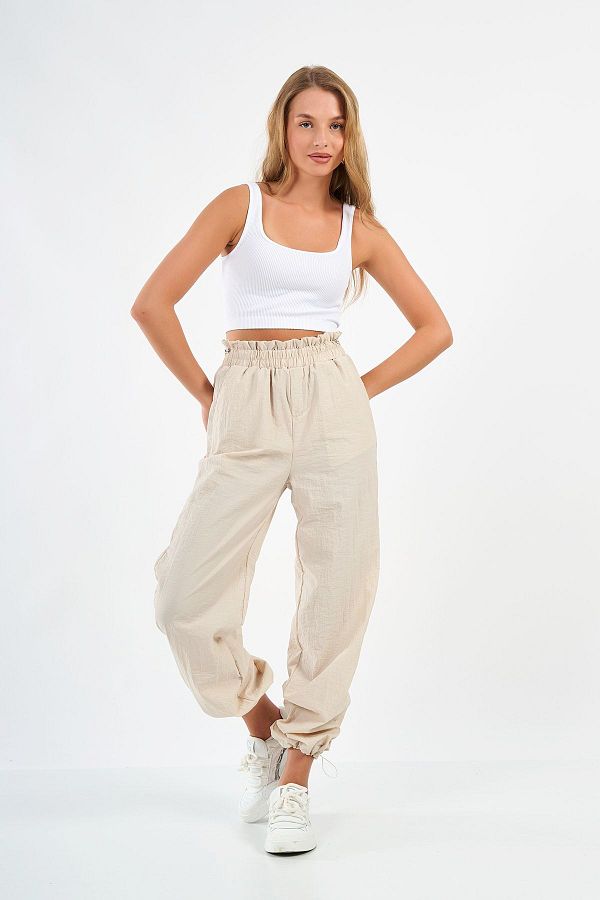 SevdeUgur-Women's Cream Parachute Pants - CargoJoggerPants, Collection 1