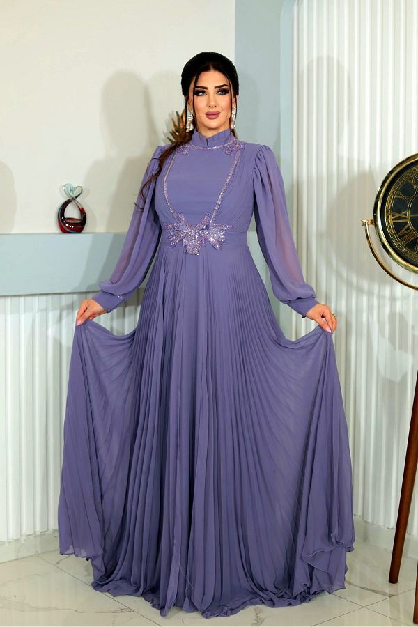 JBZ Elegant Design Long Evening Dress with Transparent Sleeves Chiffon Trendyol