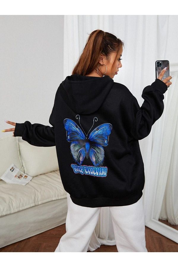 MODANYA Women s Black Oversize Blue Butterfly Hooded Sweatshirt Trendyol