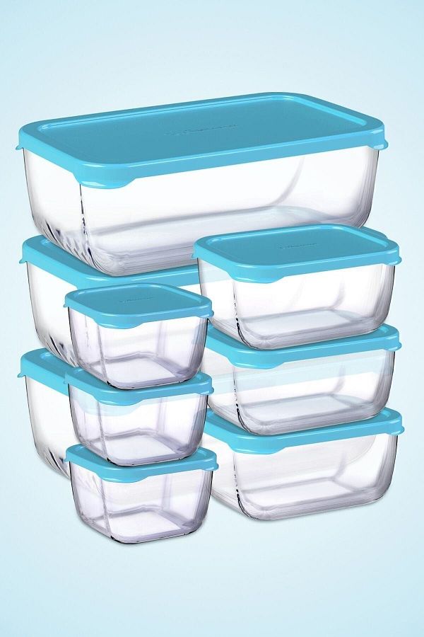 Paşabahçe-9 Piece Snowbox Storage Container Set - Blue with Lid / 3 Large + 3 Medium + 3 Small 1