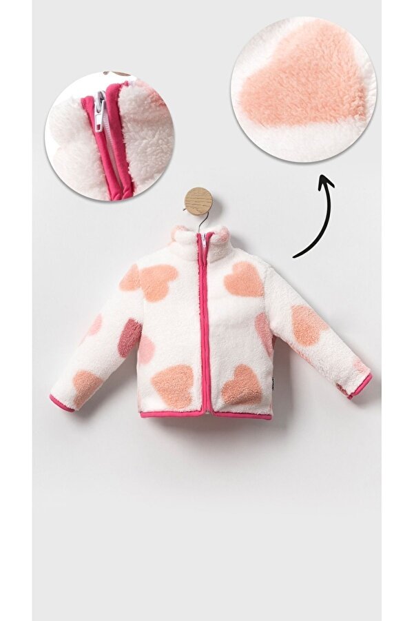 aden kids Kışın Sıcacık! Kız Çocuk Büyük Peluş Hırka - Kalp Desenli Fermuarlı Çocuk Mont Modeller