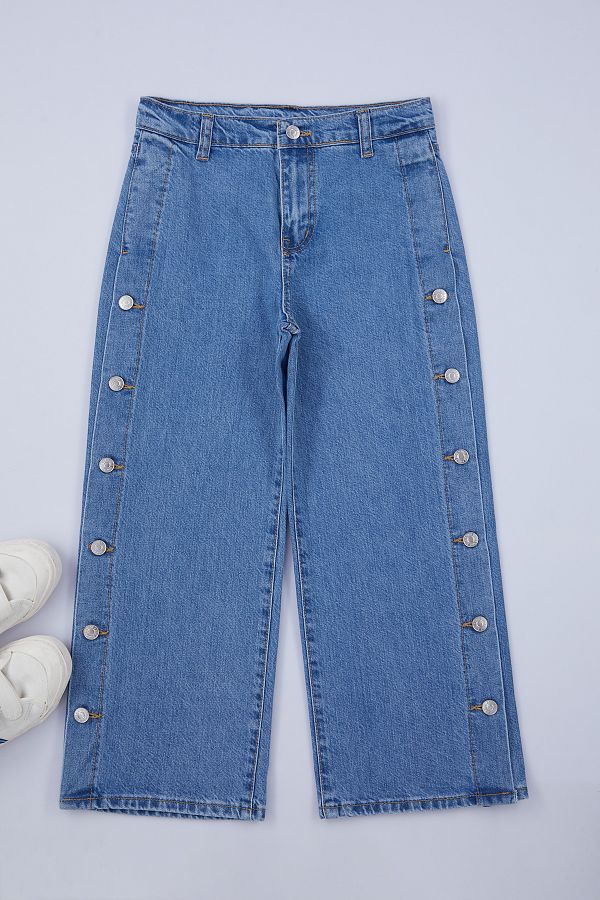 TRENDYOLKIDS-Pantaloni din denim din bumbac brodat cu picioare largi pentru fete albastre TKDAW25PL00000 1