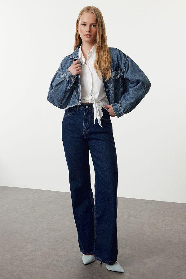 Trendyol Collection-Dark Blue High Waist Wide Leg Jeans Twoaw25Je00073 1