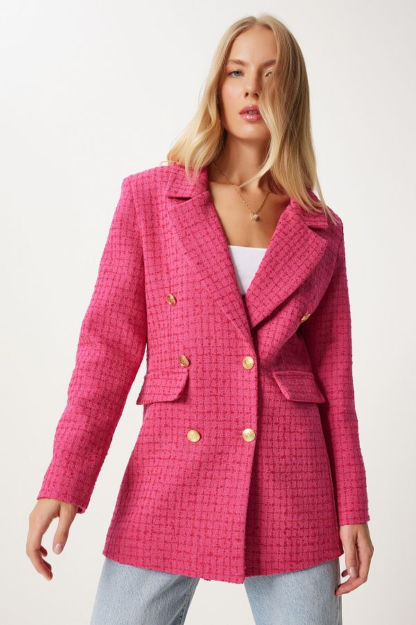 Happiness İstanbul-Jachetă blazer din tweed roz închis - damă, cu nasturi, WF00004 1