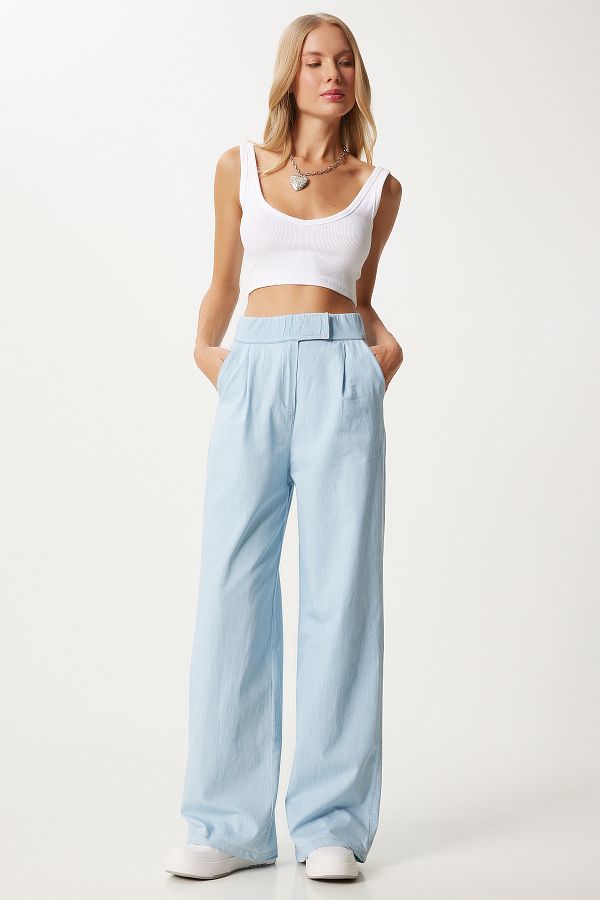 Happiness İstanbul-Hellblaue Palazzo-Hose für Damen – Bequemer Klettverschluss in der Taille Kq00005 1