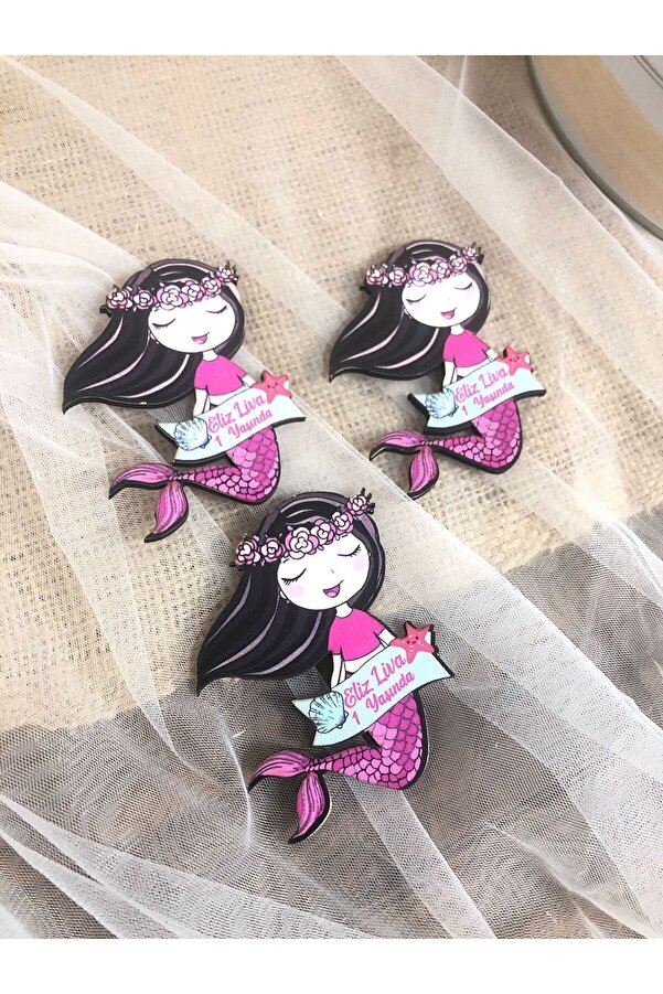 ELF LAZER Bebek Çocuk Resimli Doğum Günü Ahşap Magnet Deniz Kızı