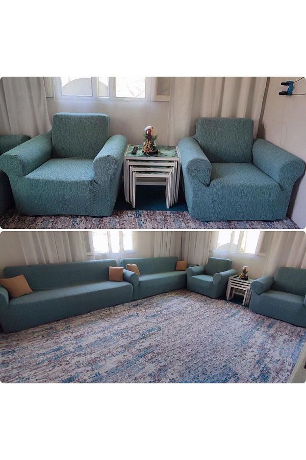 Faiend-Jacquard Mint Colored Elastic Sofa and Sofa Cover Set 1