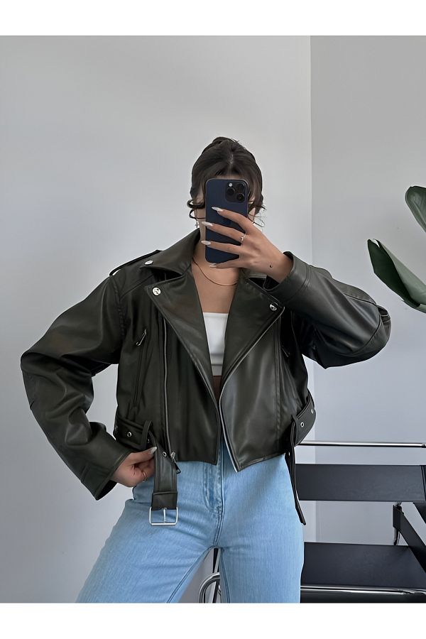 Rhythm London Textile Oversize KHaki Leather Biker Jacket Belt Detailed Trendyol