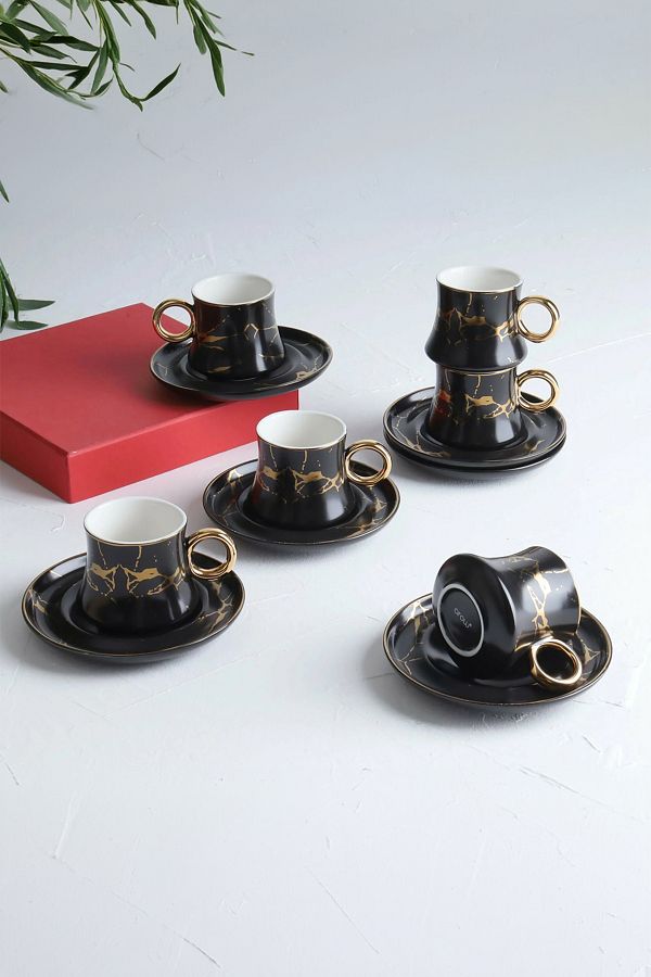 AROW-TR-2619 Black Porcelain Coffee Cup Set - 12 Pieces, 6 Person 1