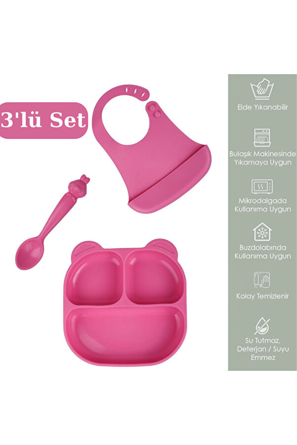 PONÇİK BEBEK 3'lü Silikon Mama Seti Beslenme Seti - Silikon Mama Önlüğü, Vakum Tabanlı Mama Tabağı,mama Kaşığı
