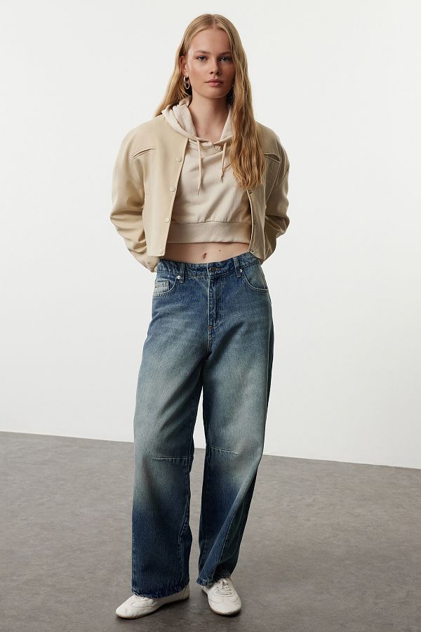 Trendyol Collection-Jeansy Vintage Mega Baggy z wysokim stanem - Blue Pale Effect Barrel Twoaw25Je00295 1