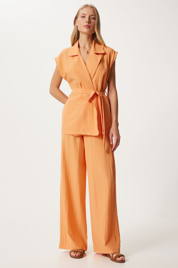 Happiness İstanbul-Orangefarbenes Damen-Set aus Weste und Palazzo-Strick - mit Gürtel By00055 1