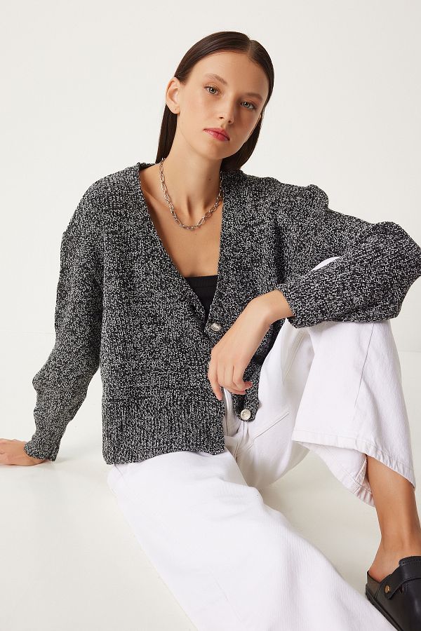 Happiness İstanbul-Grau meliert V-Ausschnitt Strick Damen Strickjacke - Grau Fn03338 1