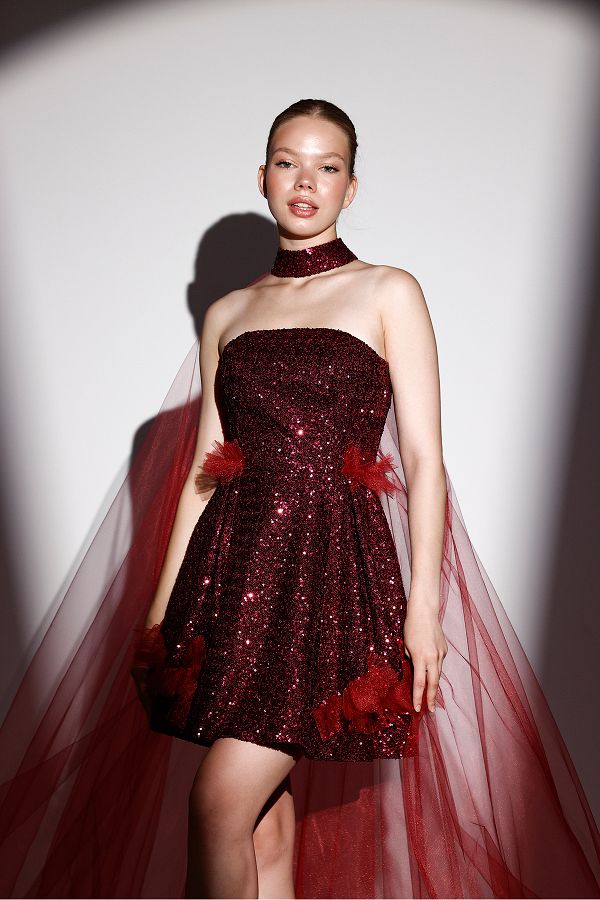 Tangul Ali S Moda Evi Wine Color Mini Dress Sequined and Cape Trendyol